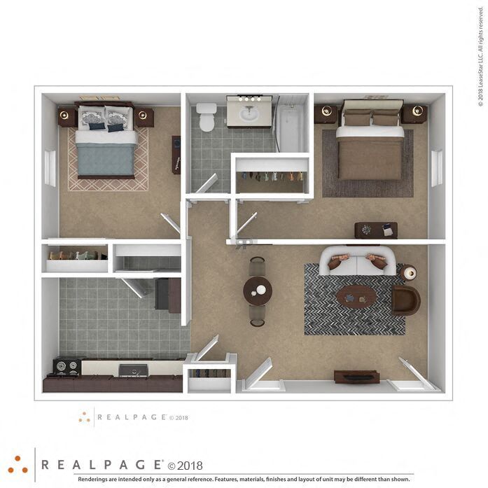 Floor plan for 2 beds, 1 bath, 950 sqft